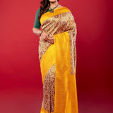 Yellow and White Printed Silk Saree with Golden Woven Border - Anvi Couture
