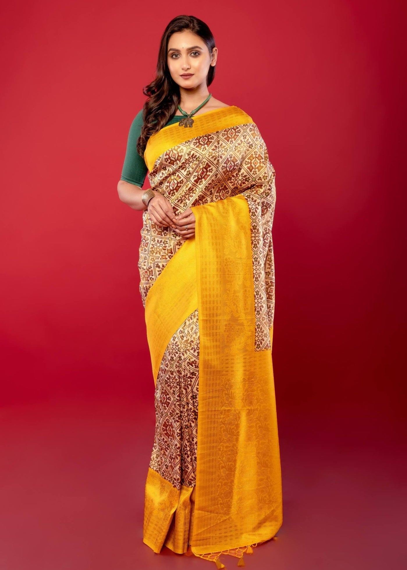 Yellow and White Printed Silk Saree with Golden Woven Border - Anvi Couture