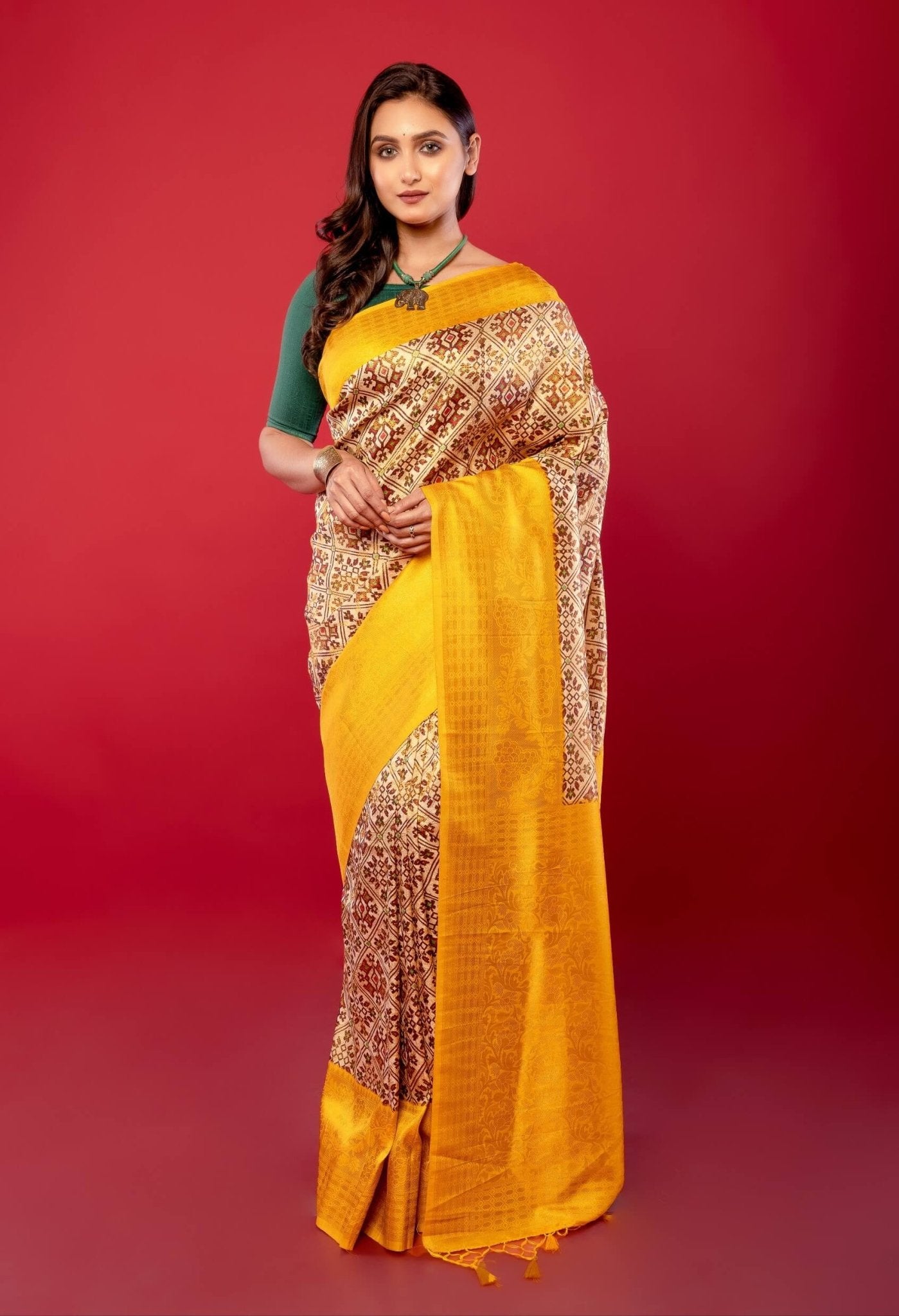 Yellow and White Printed Silk Saree with Golden Woven Border - Anvi Couture