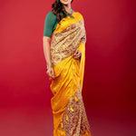 Yellow and White Printed Silk Saree with Golden Woven Border - Anvi Couture
