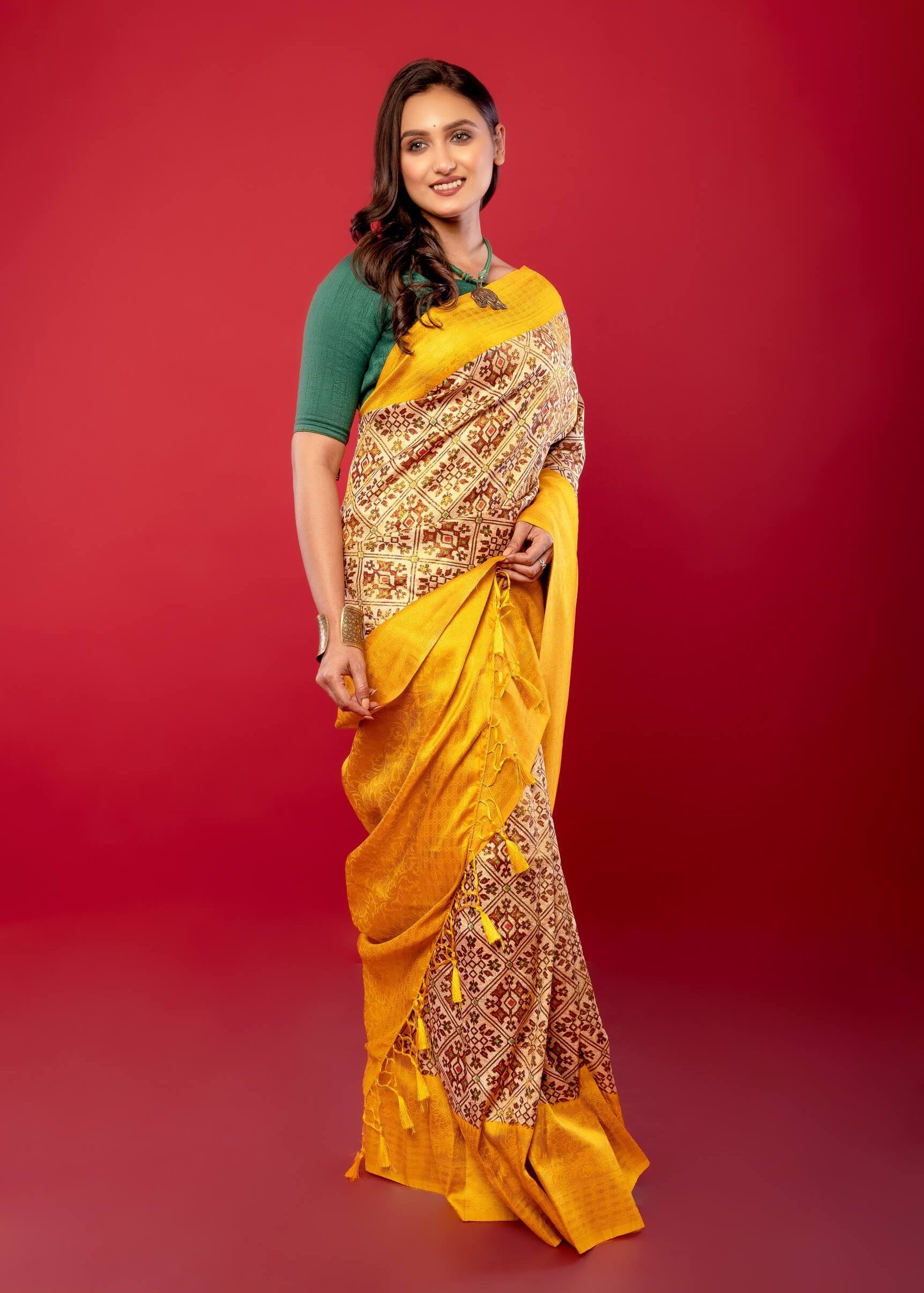 Yellow and White Printed Silk Saree with Golden Woven Border - Anvi Couture