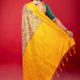 Yellow and White Printed Silk Saree with Golden Woven Border - Anvi Couture