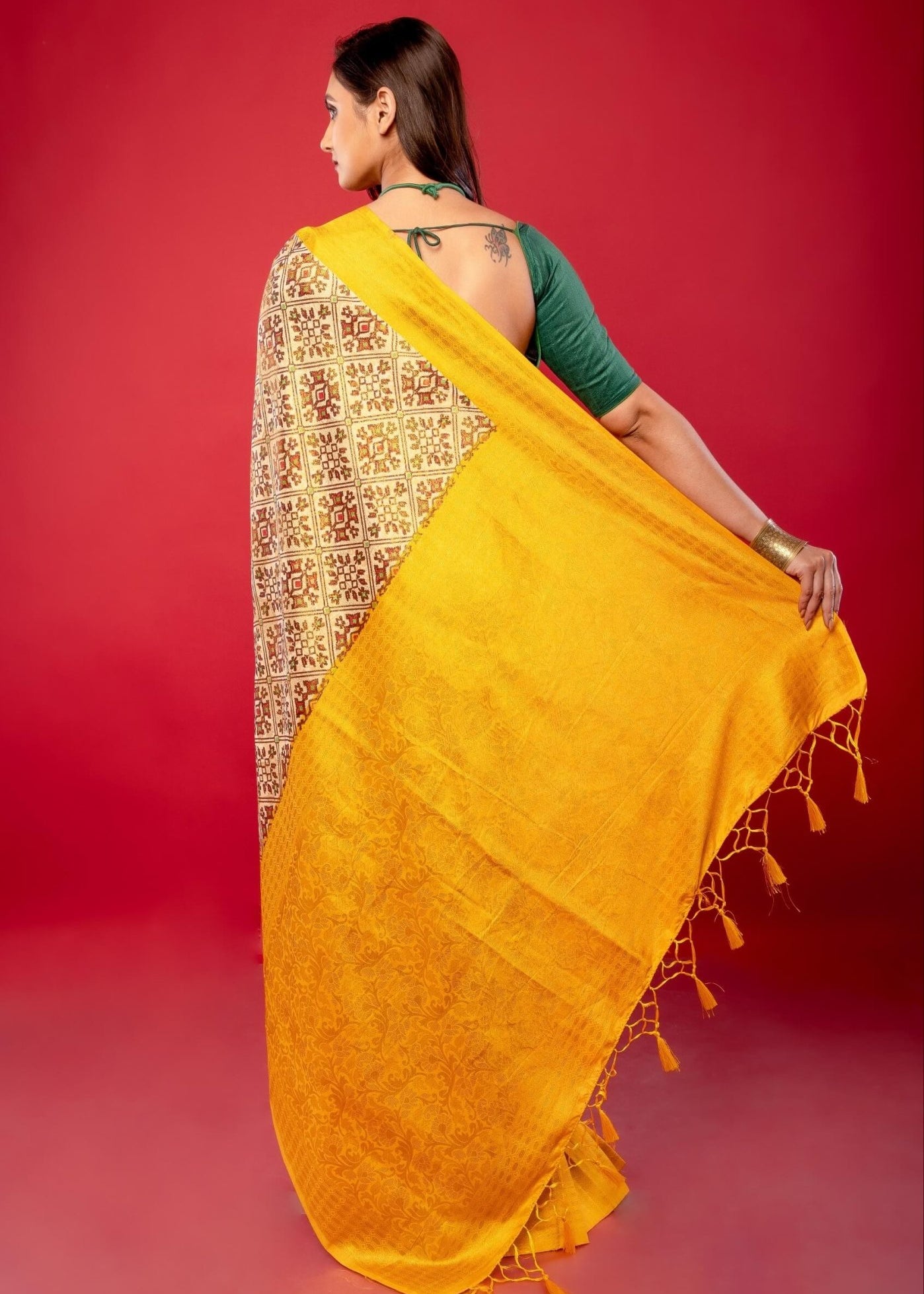 Yellow and White Printed Silk Saree with Golden Woven Border - Anvi Couture