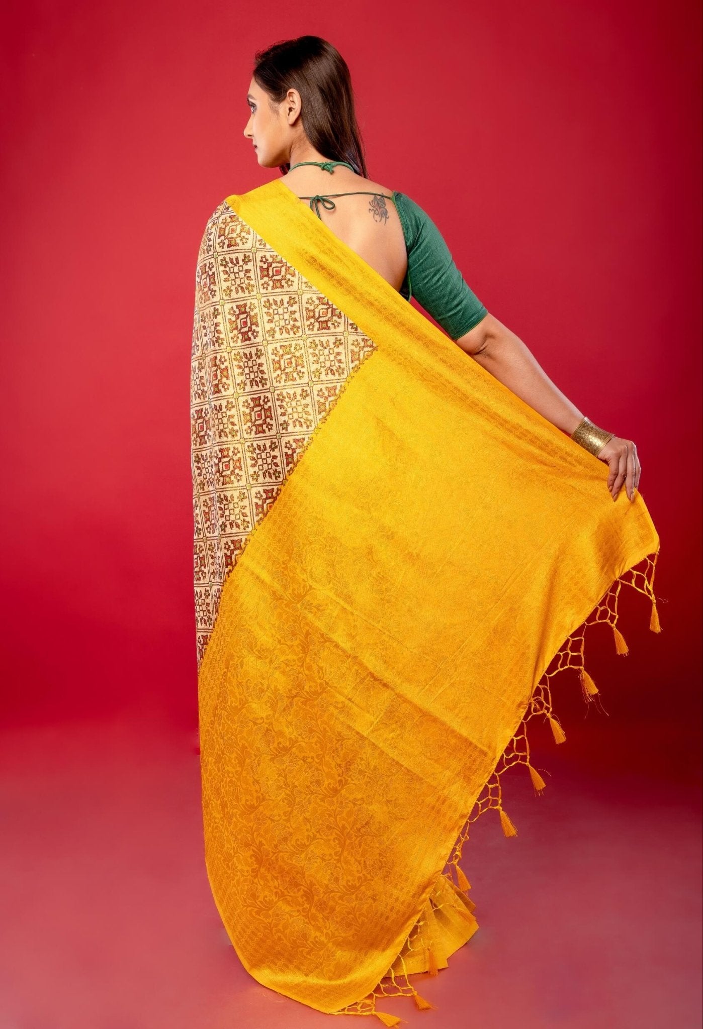 Yellow and White Printed Silk Saree with Golden Woven Border - Anvi Couture