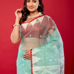 Blue & Red Handloom Muslin Silk Jamdani Saree - Elegant Handcrafted Sarees - Anvi Couture