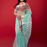 Blue & Red Handloom Muslin Silk Jamdani Saree - Elegant Handcrafted Sarees - Anvi Couture