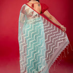 Blue & Red Handloom Muslin Silk Jamdani Saree - Elegant Handcrafted Sarees - Anvi Couture