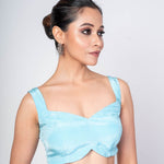Sky Blue Sleeveless Satin Silk Blouse With Deep U - Back Closure - Anvi Couture