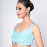 Sky Blue Sleeveless Satin Silk Blouse With Deep U - Back Closure - Anvi Couture