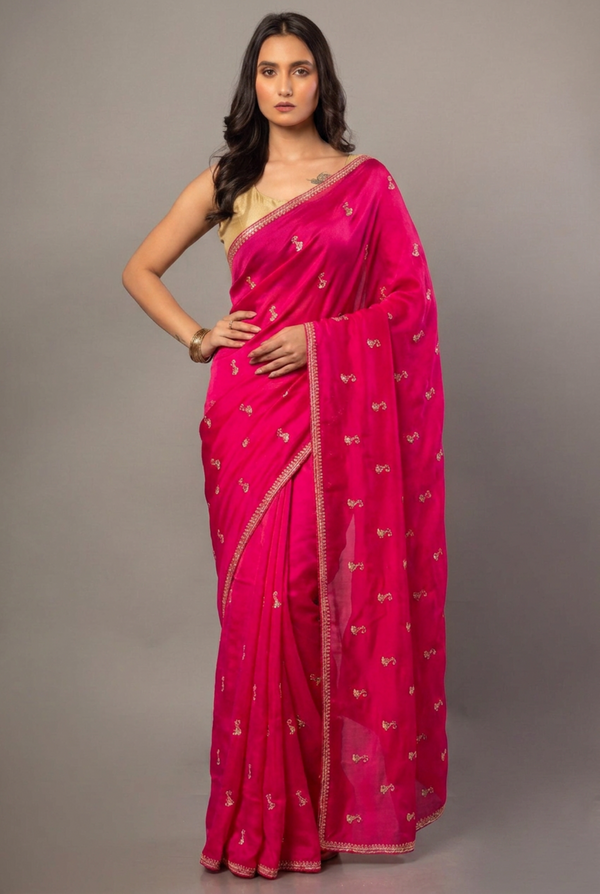 Dark Pink All over Cutdana Embroidered Silk Organza Saree