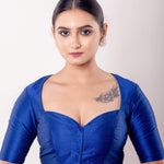 Blue Half Sleeve Raw Silk Blouse with Sweetheart Neckline - Anvi Couture
