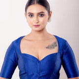 Blue Half Sleeve Raw Silk Blouse with Sweetheart Neckline - Anvi Couture