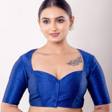 Blue Half Sleeve Raw Silk Blouse with Sweetheart Neckline - Anvi Couture