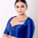 Blue Half Sleeve Raw Silk Blouse with Sweetheart Neckline - Anvi Couture