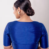 Blue Half Sleeve Raw Silk Blouse with Sweetheart Neckline - Anvi Couture