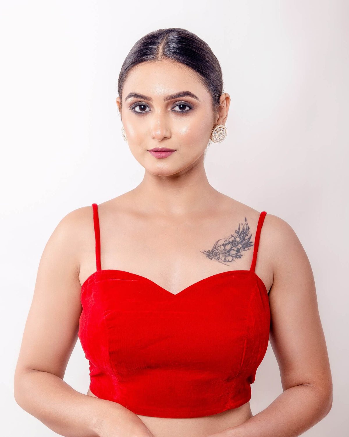 Red Velvet Blouse with Spaghetti Straps and Sweetheart Neckline - Anvi Couture