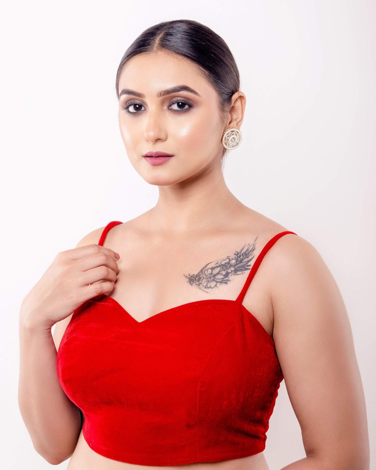 Red Velvet Blouse with Spaghetti Straps and Sweetheart Neckline - Anvi Couture