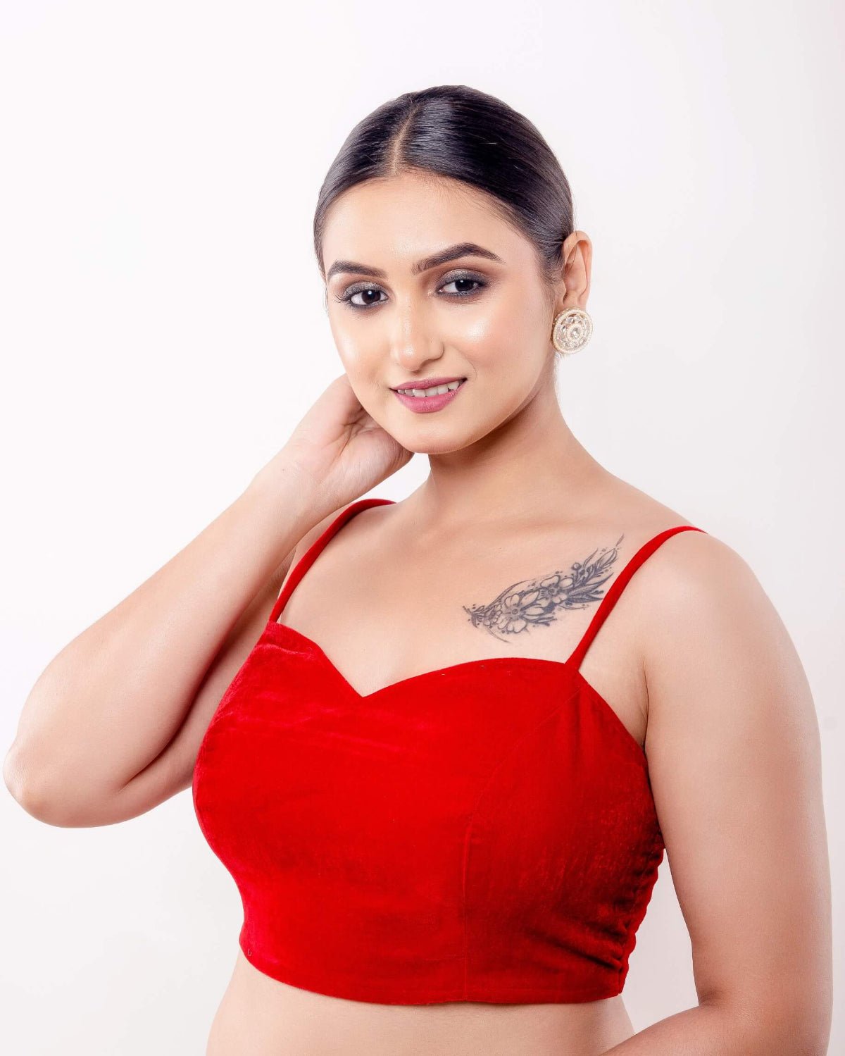 Red Velvet Blouse with Spaghetti Straps and Sweetheart Neckline - Anvi Couture