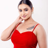 Red Velvet Blouse with Spaghetti Straps and Sweetheart Neckline - Anvi Couture
