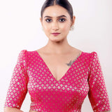 Pink Brocade Blouse with V Neckline and Puff Sleeves - Anvi Couture- Image 1
