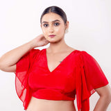 Red Ruffle sleeve blouse with V Neckline - Anvi Couture - Image 1