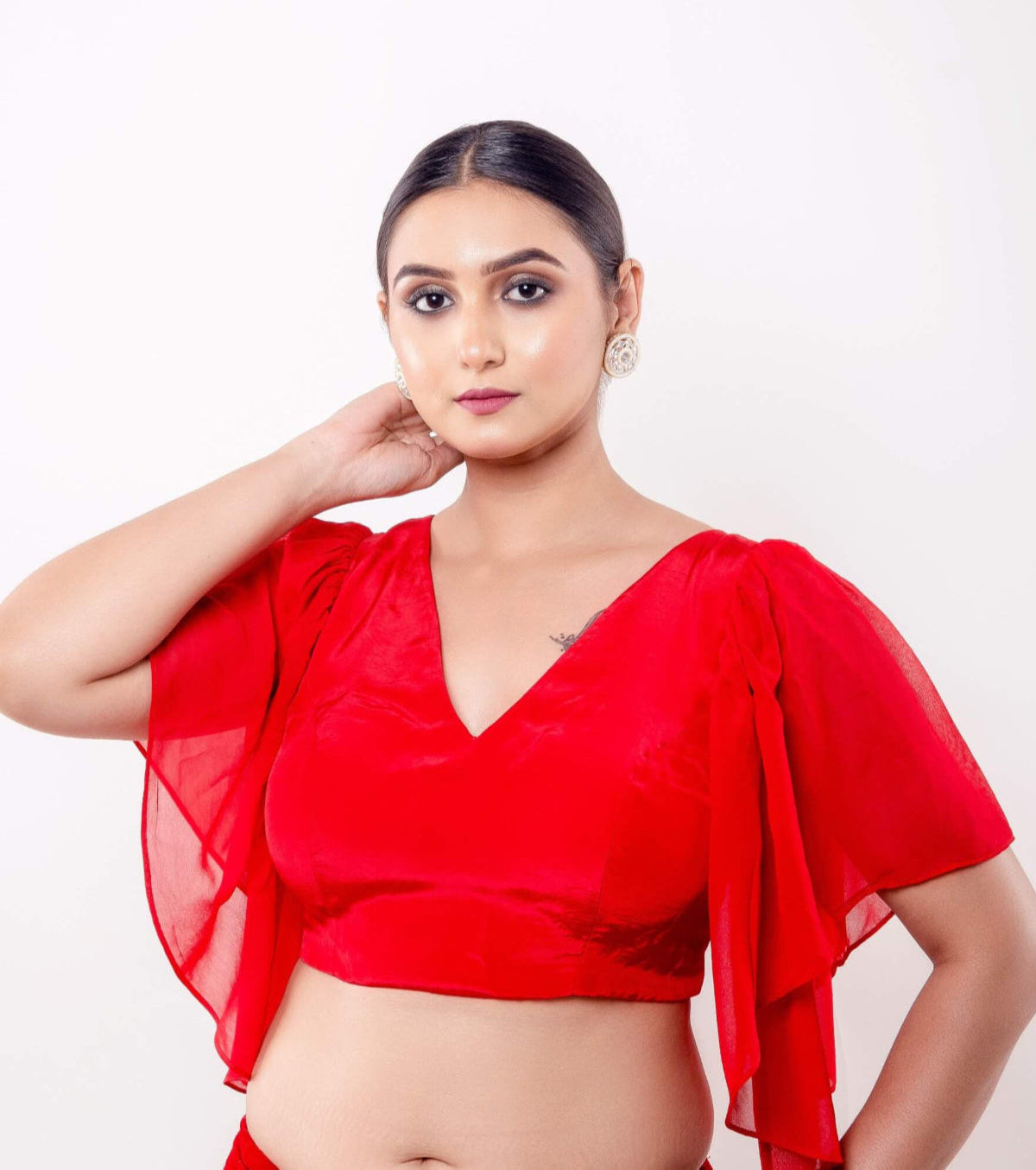 Red Ruffle sleeve blouse with V Neckline - Anvi Couture - Image 1