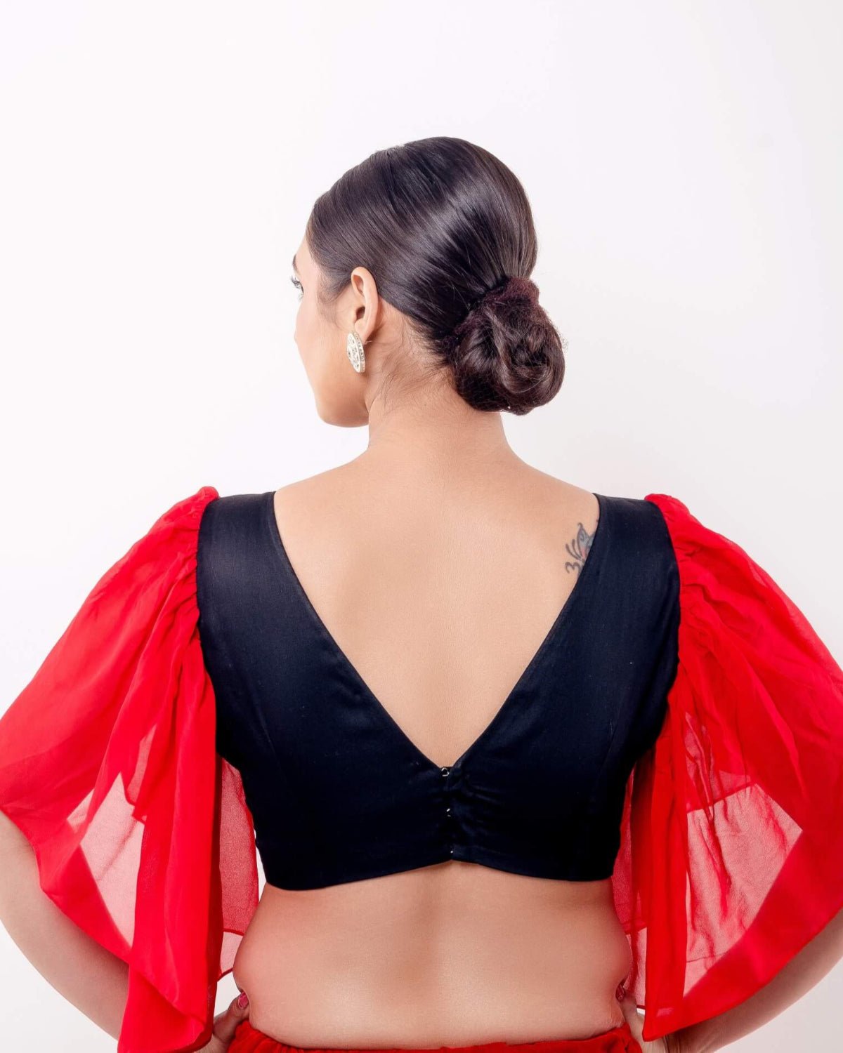 Red and Black V Neck Blouse With Ruffle Sleeves - Anvi Couture