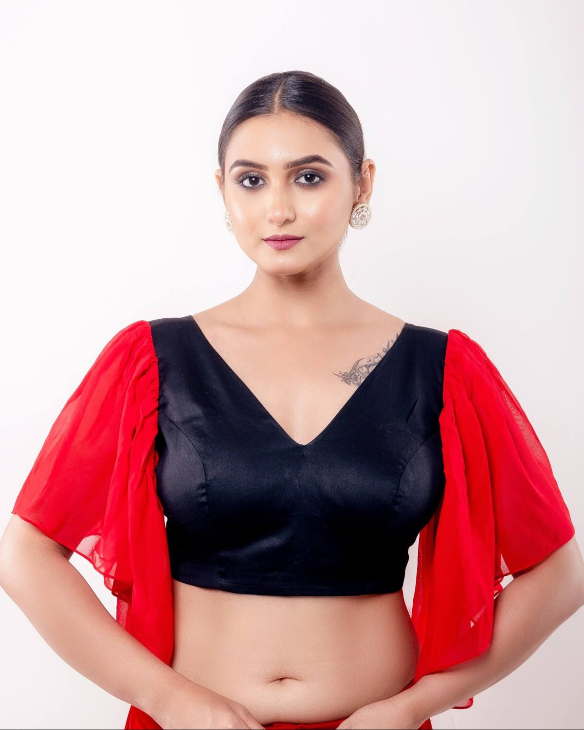 Red and Black V Neck Blouse With Ruffle Sleeves - Anvi Couture