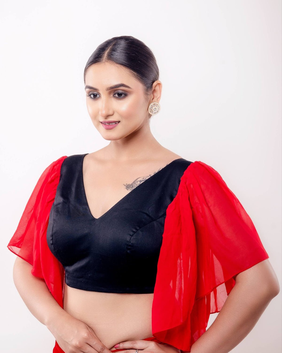 Red and Black V Neck Blouse With Ruffle Sleeves - Anvi Couture