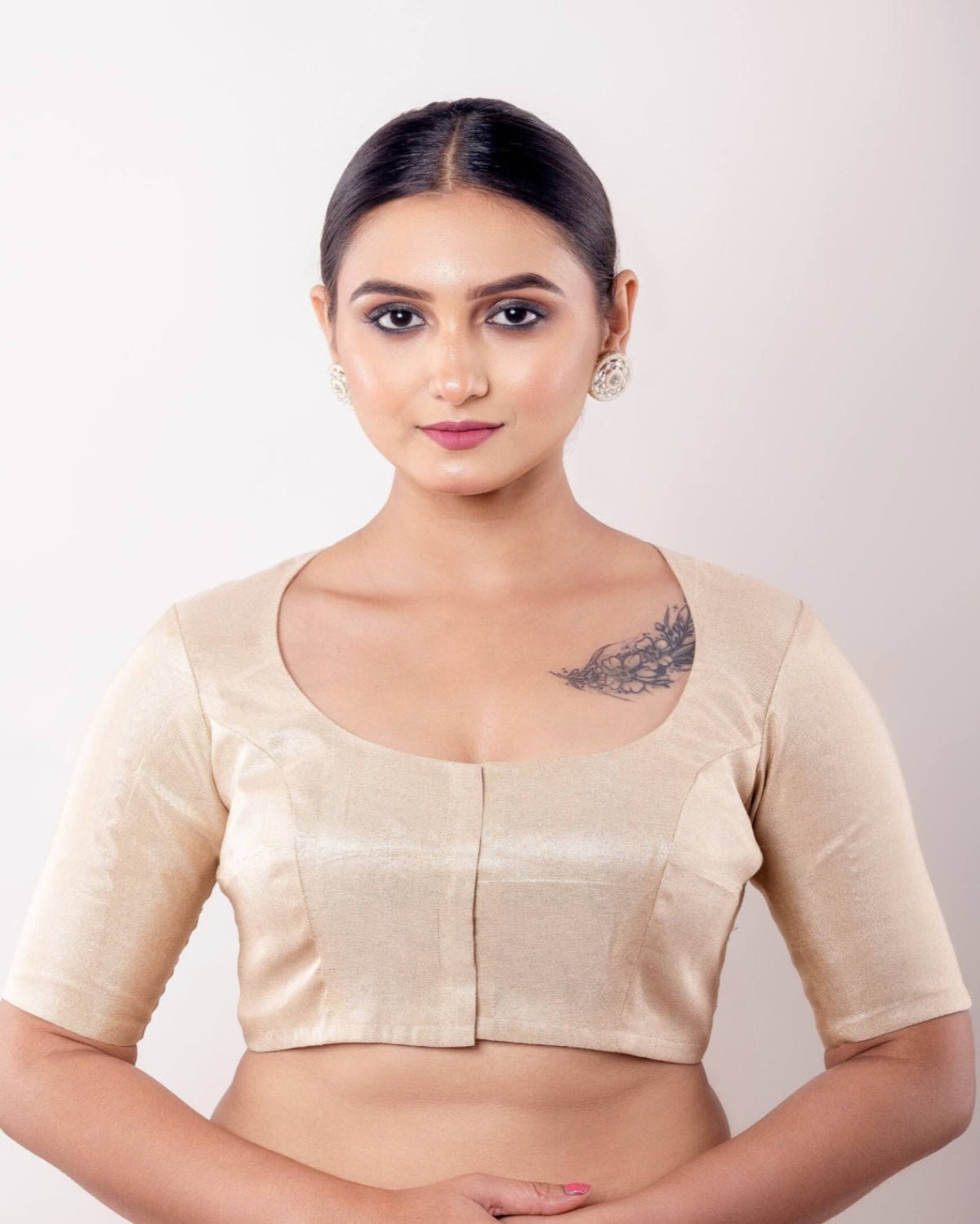 Golden Round Neck Half Sleeve Blouse in Raw Silk - Anvi Couture