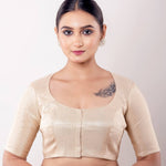 Gold Blouse with Deep Round Neck and Half Sleeves in Tissue Silk - Anvi Couture