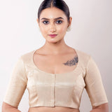 Gold Blouse with Deep Round Neck and Half Sleeves in Tissue Silk - Anvi Couture