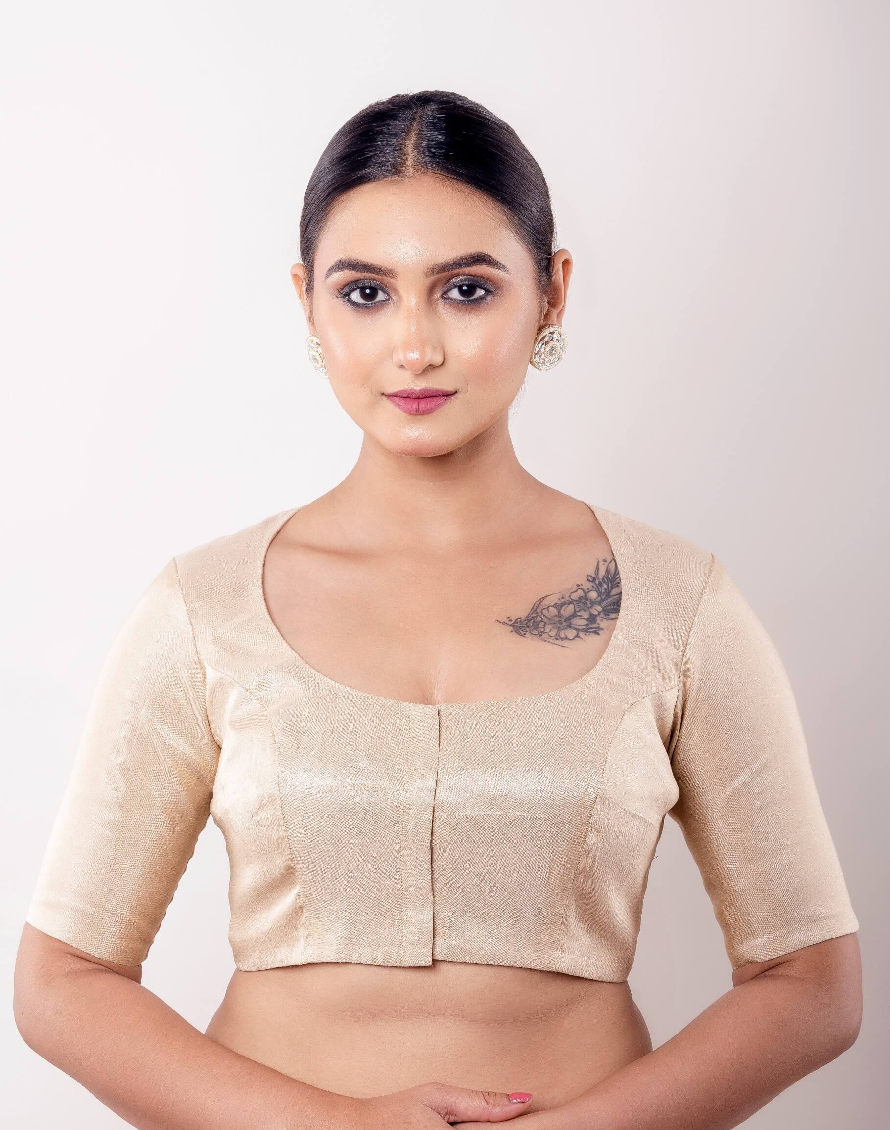 Gold Blouse with Deep Round Neck and Half Sleeves in Tissue Silk - Anvi Couture