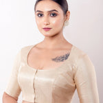 Gold Blouse with Deep Round Neck and Half Sleeves in Tissue Silk - Anvi Couture