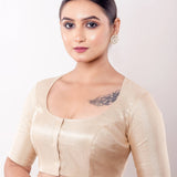 Gold Blouse with Deep Round Neck and Half Sleeves in Tissue Silk - Anvi Couture