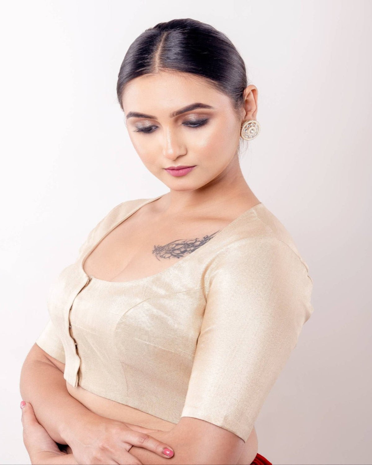 Golden Round Neck Half Sleeve Blouse in Raw Silk - Anvi Couture