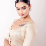 Gold Blouse with Deep Round Neck and Half Sleeves in Tissue Silk - Anvi Couture