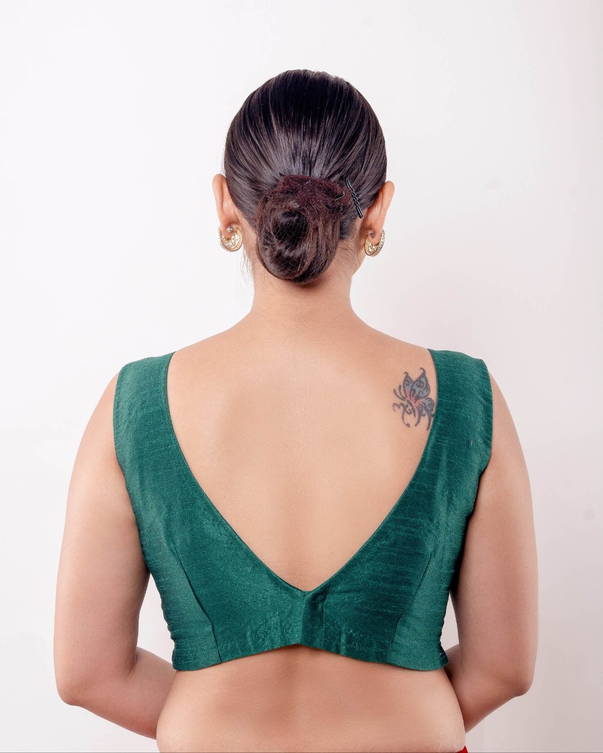 Green V Neck Sleeveless Blouse in Raw Silk with Back Closure - Anvi Couture