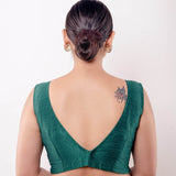 Green V Neck Sleeveless Blouse in Raw Silk with Back Closure - Anvi Couture