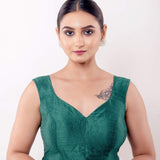 Green V Neck Sleeveless Blouse in Raw Silk with Back Closure - Anvi Couture