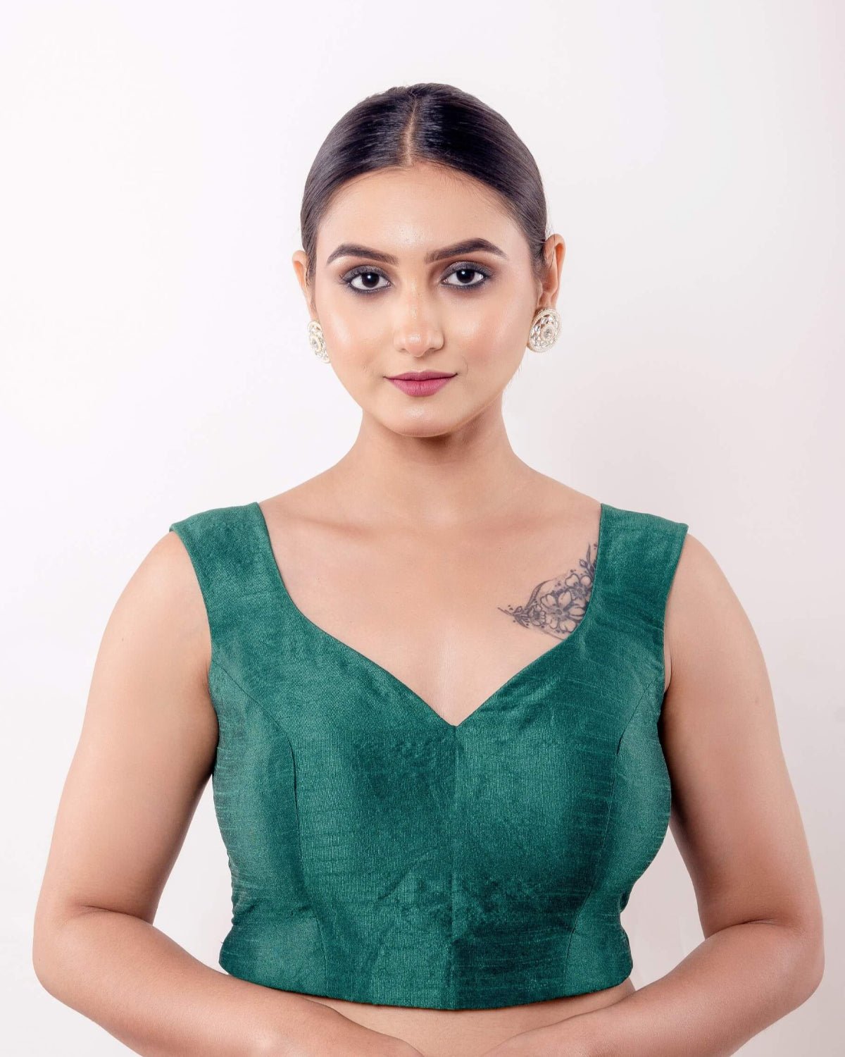 Green V Neck Sleeveless Blouse in Raw Silk with Back Closure - Anvi Couture
