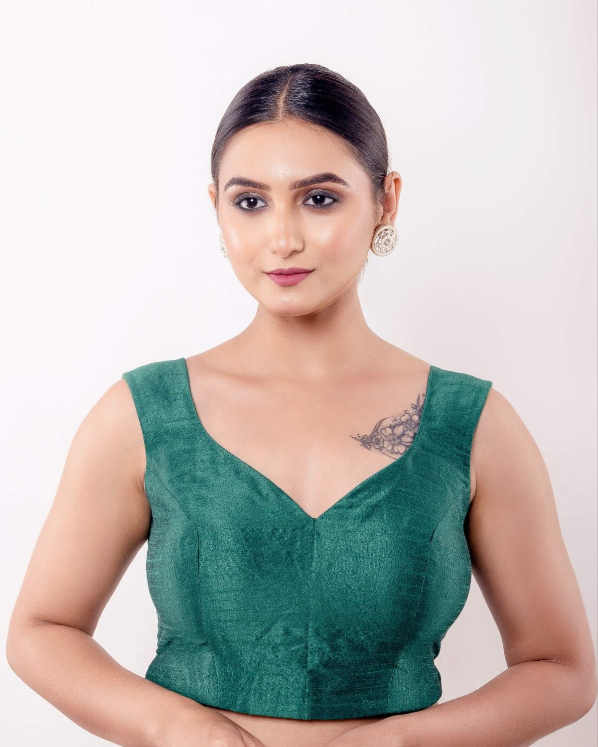 Green V Neck Sleeveless Blouse in Raw Silk with Back Closure - Anvi Couture