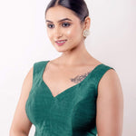 Green V Neck Sleeveless Blouse in Raw Silk with Back Closure - Anvi Couture