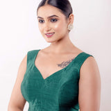 Green V Neck Sleeveless Blouse in Raw Silk with Back Closure - Anvi Couture