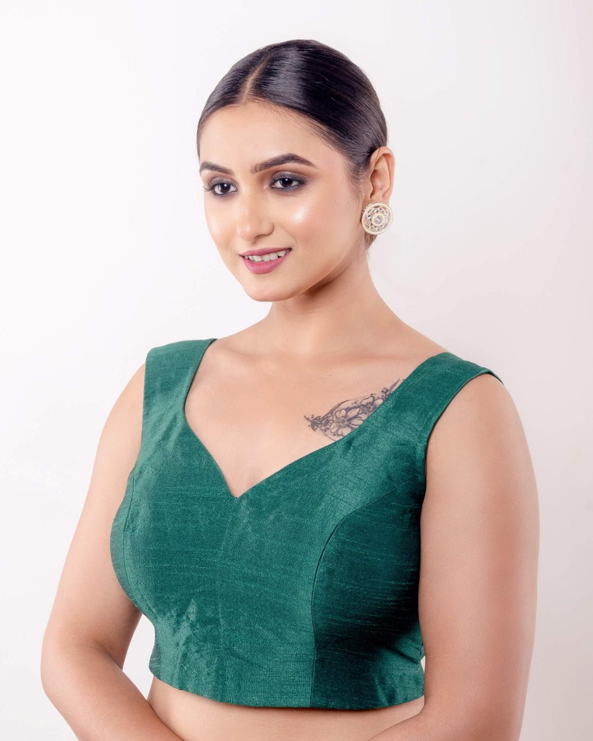 Green V Neck Sleeveless Blouse in Raw Silk with Back Closure - Anvi Couture