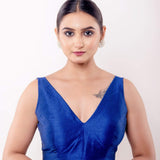 Blue V Neck Sleeveless Blouse in Raw Silk - Anvi Couture
