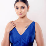 Blue V Neck Sleeveless Blouse in Raw Silk - Anvi Couture
