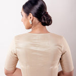 Gold Blouse with Deep Round Neck and Half Sleeves in Tissue Silk - Anvi Couture