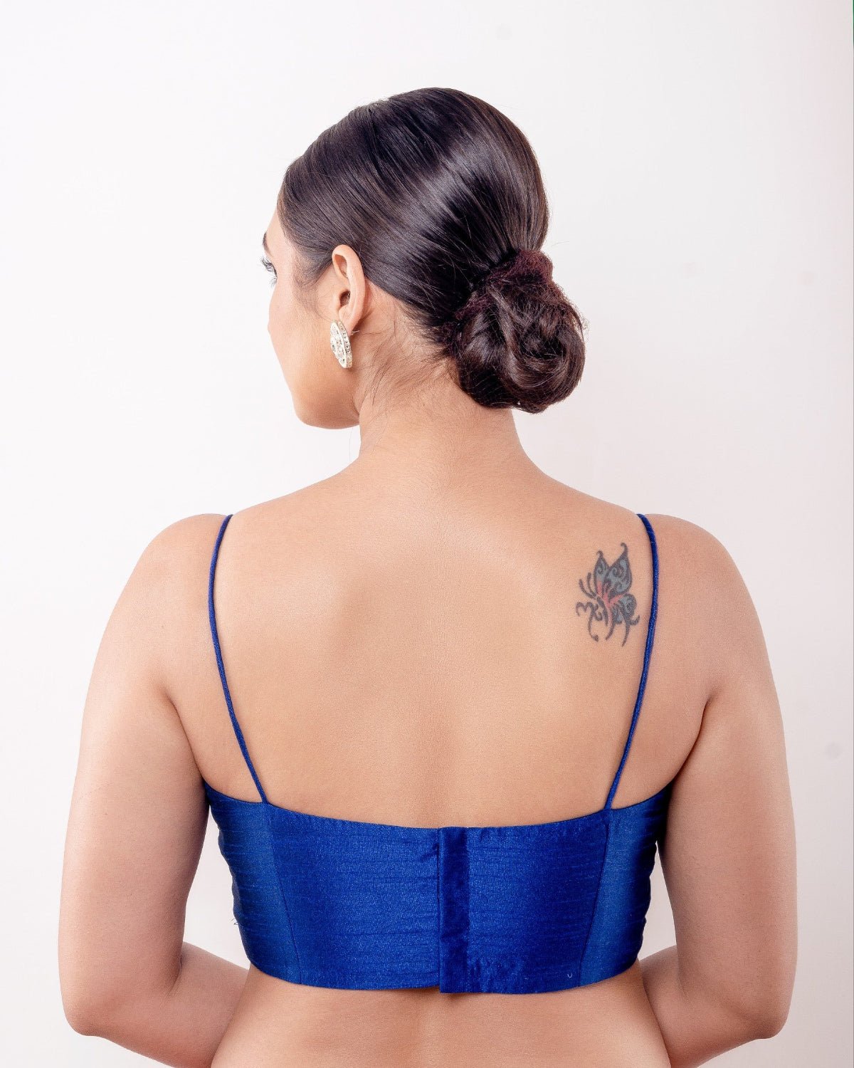 Blue U Neck Blouse with Spaghetti Straps in Raw Silk - Anvi Couture
