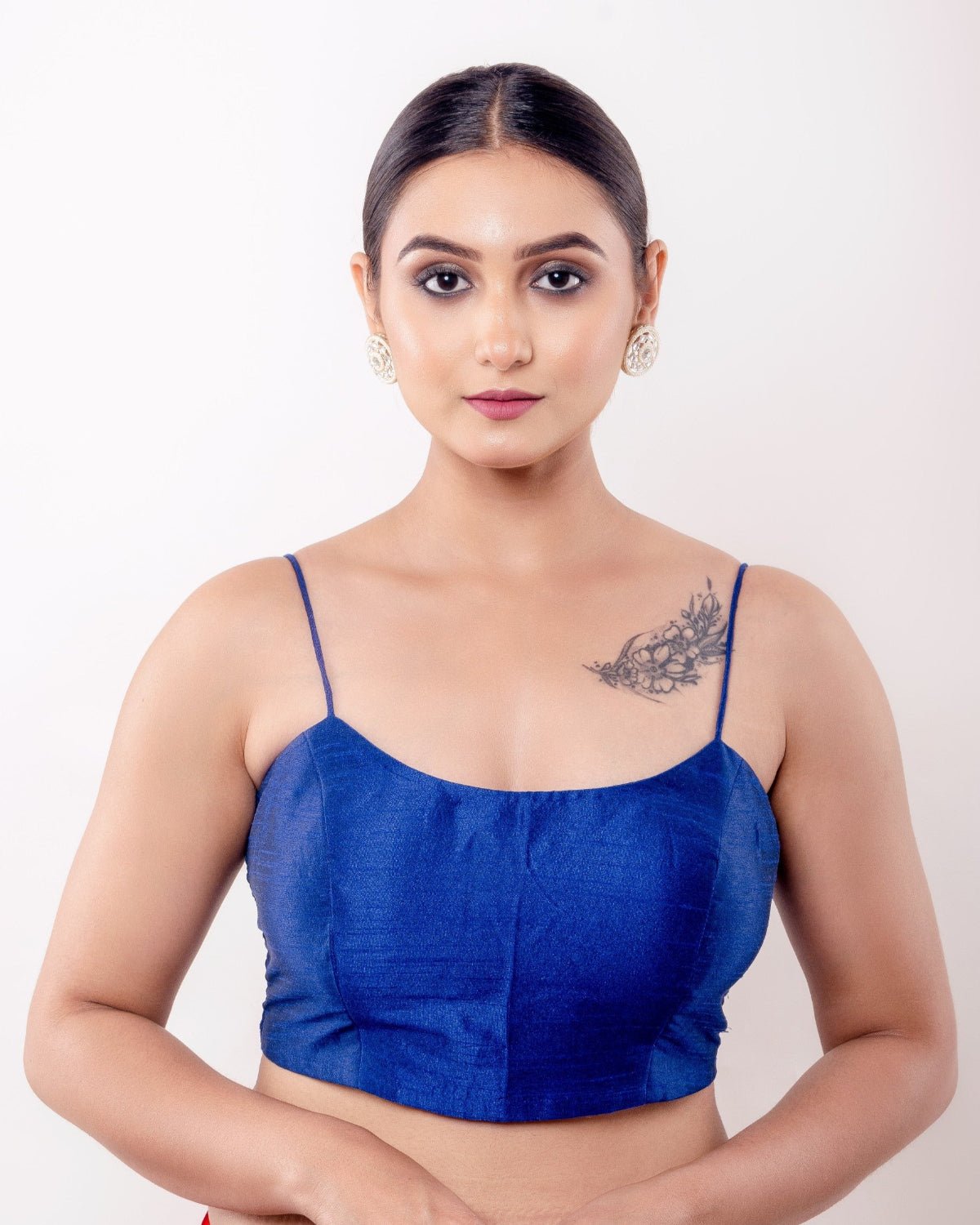 Blue U Neck Blouse with Spaghetti Straps in Raw Silk - Anvi Couture
